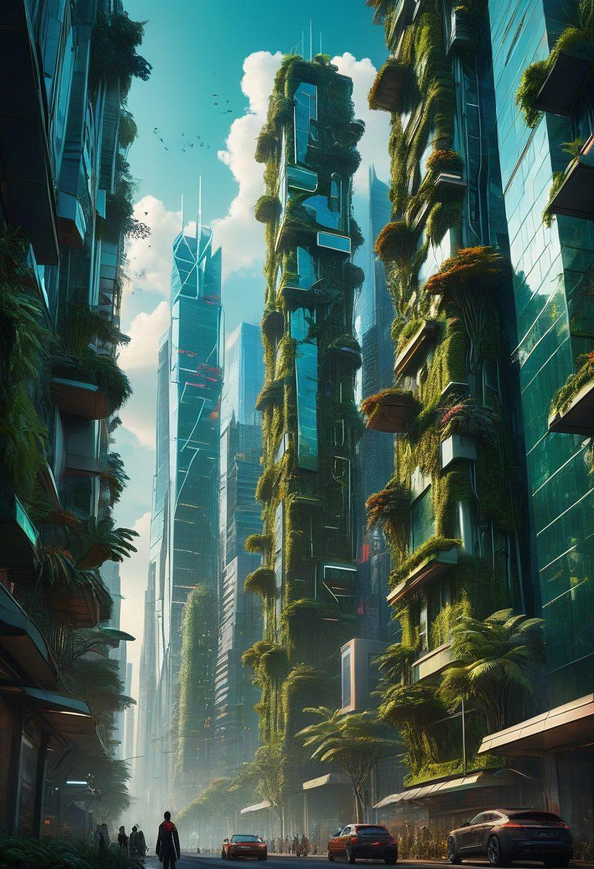 A futuristic cityscape merging technology with nature, featuring digital screens projecting innovative trends, green skyscrapers, and people interacting with advanced gadgets. The sky is vibrant with abstract digital patterns, symbolizing the embrace of innovation. Bright colors contrast with the sleek silhouettes of buildings, creating an inspiring atmosphere. super-realistic. vibrant colors. cyberpunk.