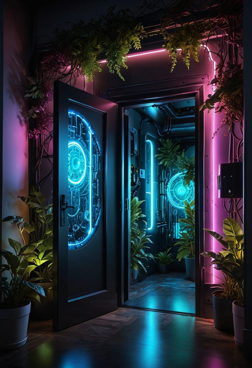 An open futuristic door leading to a bright digital landscape filled with smart technology devices like AI assistants, drones, and connected home gadgets. A glowing light path represents innovation, while gears and circuit patterns merge seamlessly with nature. The scene should convey a sense of exploration and endless possibilities in a tech-driven world. vibrant colors. cyberpunk style.