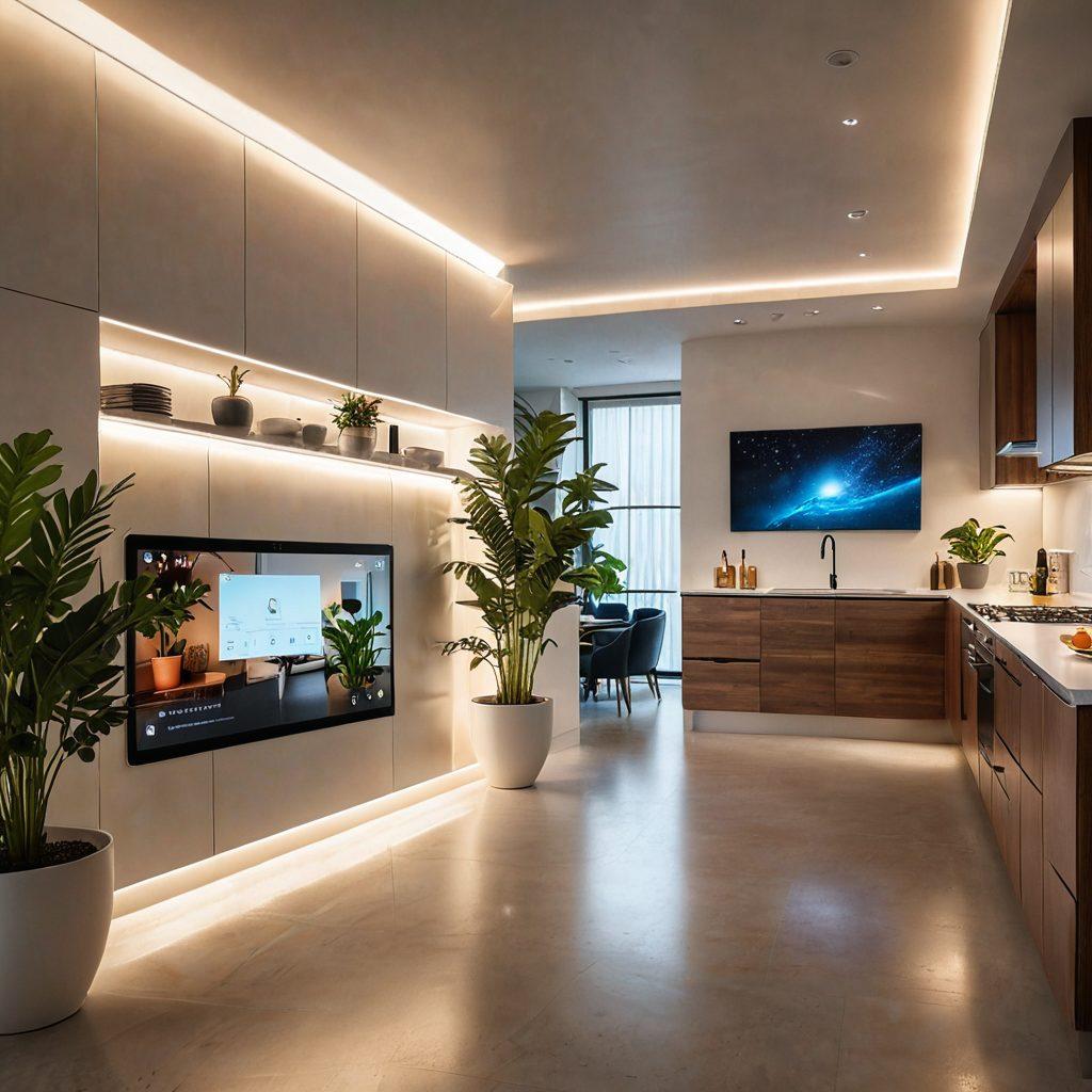 A futuristic home interior showcasing various smart gadgets, such as automated lighting, a voice assistant on a sleek countertop, and a smart thermostat. In the background, a person interacts with an innovative software interface on a tablet, surrounded by vibrant plants representing a modern, eco-friendly lifestyle. Bright and inviting colors to reflect a cheerful atmosphere. hyper-realistic. vibrant colors. 3D.